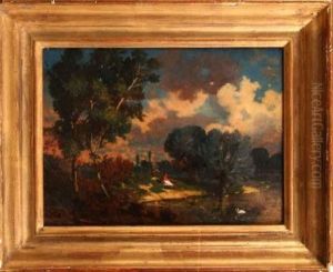 Femme Assise En Bord De Riviere by Nicolas Louis Cabat