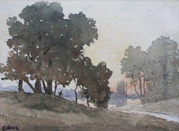 Promeneur Pres De La Riviere Aquarelle - view 1