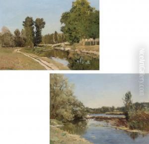 At The Weir; And Angling On The River Bank by Louis Alexandre Cabie