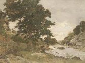 Cabie , "a River Landscape With Rocky Banks" by Louis Alexandre Cabie