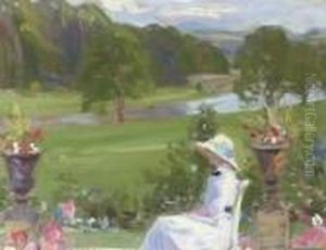 Jean Cadell At Dalserf, Seated In A White Dress by Francis Campbell Boileau Cadell