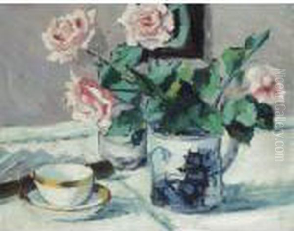 Pink Roses In An Oriental Pot - view 1