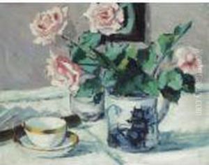 Pink Roses In An Oriental Pot by Francis Campbell Boileau Cadell