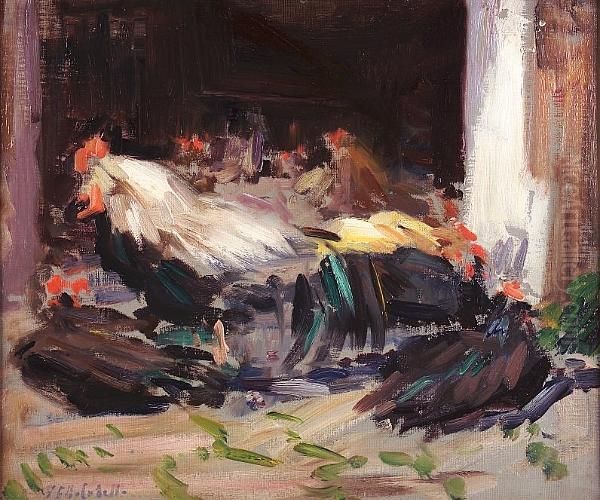 Cockerel And Hens In A Barn - view 1