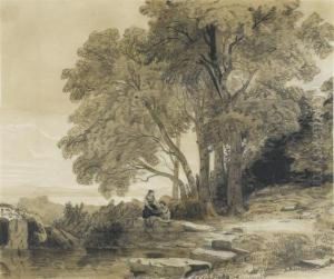Landscape At Lake Geneva With A Youngwoman And Child by Alexandre Calame