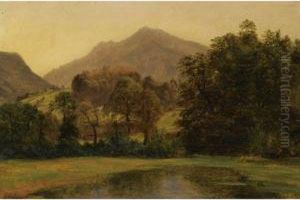 A Pond With A Mountainous Landscape In The Background by Alexandre Calame