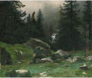 Mountain Landscape With Rocks And Pine-trees by Alexandre Calame