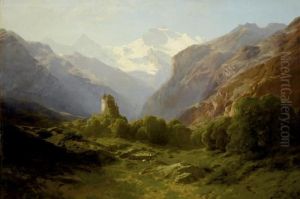 Ruine Unspunnen Vor Dem Blick Auf Eiger, Monch Und Jungfrau