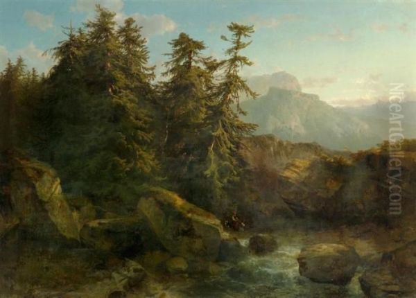 Sapins, Cours D'eau, Soleil Couchant - view 1