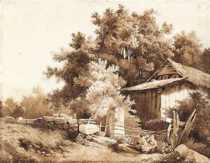 Drei Kinder Vor Einem Tor Und Vor Einer Scheune In Waldlichtung by Alexandre Calame