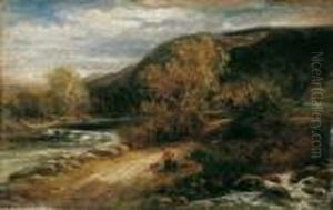 Gebirgslandschaft Mit Wanderern An Einem Fluss.
