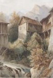 Dorfliches Anwesen An Einem Bach Mit Bergen Im Hintergrund. Dorfliches Anwesen An Einem Bach Mit Bergen Im Hintergrund.