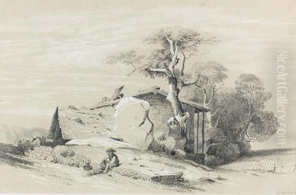 Bauernhutte Mit Felsen, Baumen Und Davor Sitzendem Bauern. - view 1