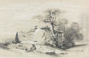 Bauernhutte Mit Felsen, Baumen Und Davor Sitzendem Bauern. by Alexandre Calame