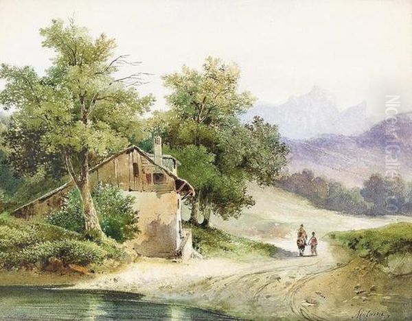 Wanderer In Waldiger Wiesenlandschaft. - view 1