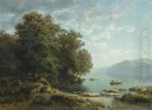 Lac, Bouquet De Chenes Et Barque. by Alexandre Calame