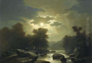 Mountain Stream In The Moonlight by Alexandre Calame