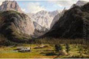 Alpine View With Farm Buildings In The Foreground by Alexandre Calame