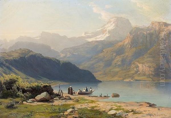 Kleine Bucht Am Urnersee Mit Kahn Und Figuren. - view 1