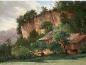 Groupe De Fermettes Et Falaise (vers Lauterbrunnen) by Alexandre Calame