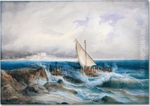 A Boat Caught In Stormy Waters Near The Shore by Alexandre Calame