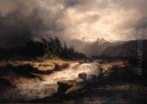 A Torrent Running Through An Alpine Landscape With Snow Coveredmountains In The Distance by Alexandre Calame