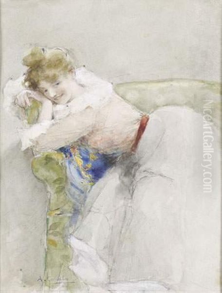 Jeune Femme Accoudee Au Sofa - view 1