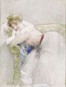 Jeune Femme Accoudee Au Sofa by Antoine Calbet