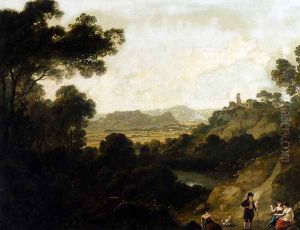 A Distant View Of Llantrisant Castle, Glamorganshire, With Figures Seated In The Foreground by Julius Caesar Ibbetson