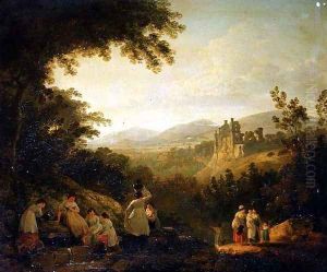 A Wooded Landscape with Washerwomen by a Fountain by Julius Caesar Ibbetson