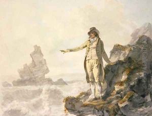 The Guide to the Stackpole Scenery pointing to Stack Rock Pembrokeshire by Julius Caesar Ibbetson