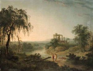 A ruined Abbey with Figures in the foreground by Julius Caesar Ibbetson