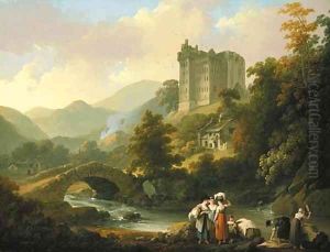 A view of Castle Campbell, Scotland, with washerwomen on the river bank in the foreground