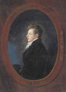 Portrait of John Baines aged 22, half-length, in profile, in a black coat, feigned oval