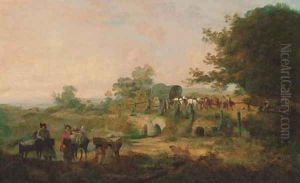 Travellers resting in a wooded river landscape, a horse-drawn covered wagon beyond by Julius Caesar Ibbetson
