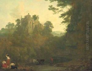 View of Hawthornden Castle with cattle drinking at a river and figures in the foreground by Julius Caesar Ibbetson