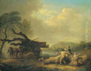 Children gathering firewood, an ox-drawn cart standing beside