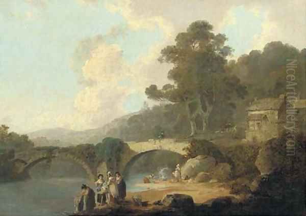 Rosewell Castle, North Wales, with washerwomen in the foreground and a bridge beyond - view 1