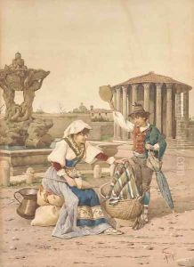 A young peasant couple outside the Temple of Vesta, Rome by Filippo Indoni