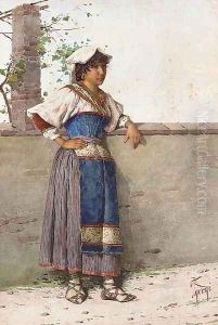 Study of a gypsy girl leaning against a wall by Filippo Indoni