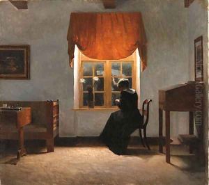 A woman knitting by a window by Peter Vilhelm Ilsted