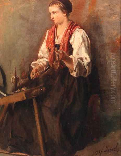 A peasant girl at a spinning wheel - a study - view 1