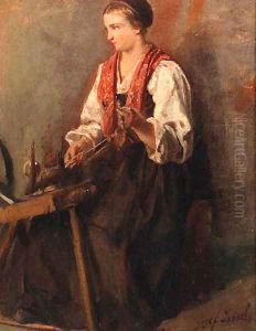 A peasant girl at a spinning wheel - a study by Jozef Israels