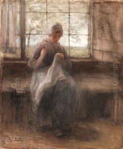 Girl sewing by a window by Jozef Israels
