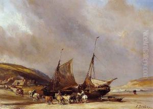 Riders on the Beach with Ship by Eugene Isabey