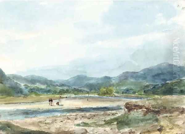 A hilly landscape with figures near a river - view 1