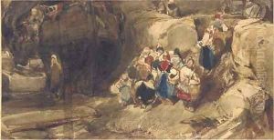 Figures in a rocky shore, the prow of a ship in the foreground