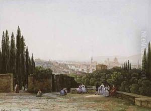 View of Florence from the Boboli Gardens with the Ponte Vecchio and the Palazzo Vecchio, and the dome of Santa Maria del Fiore by Eugene Isabey