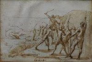"battle Scene With Figures In A 
Mountainous Landscape", Pen, Inkand Sepia Wash, Signed, 8 X 12 Cm