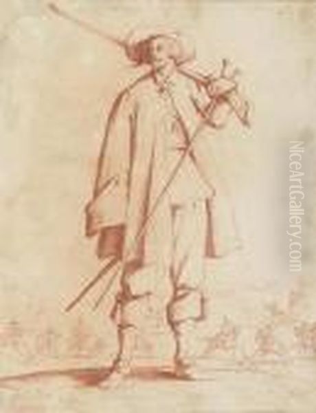 Standing Foot Soldier With Long Gun, Cavalry Battle Inbackground. - view 1